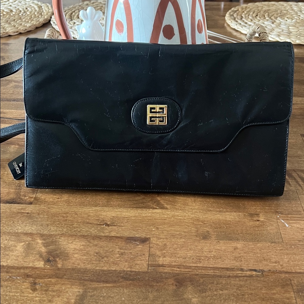Givenchy Black Leather Clutch with Gold Tone Logo